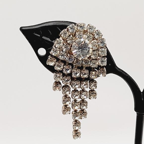 Vintage Clear Rhinestone Dangle Clip Earrings, 1.5 Inch Length - Picture 5 of 10